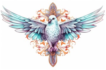 an illustration, a cross and white doves, generative ai