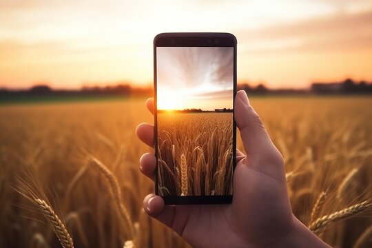 Picture of man's hand holding smartphone with beautiful picture on screen. Golden wheat at Sunset. Generative Ai
