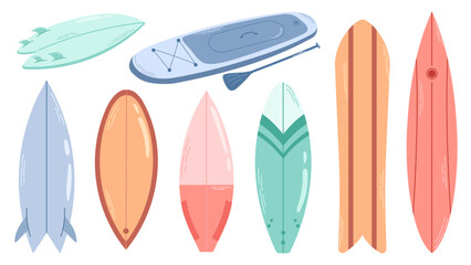 Various types of surfboards set. Colorful long and short water boards different design. Flat vector illustration isolated on white background.
