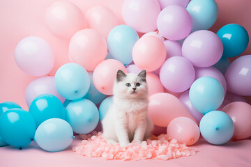 Fototapeta na wymiar Cute fluffy cat celebrates birthday on festive Balloons background. Generative AI illustration