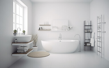 Obraz na płótnie Canvas bathroom. With its white walls and minimalist features, this bathroom exudes a simple Scandinavian style. Generative AI