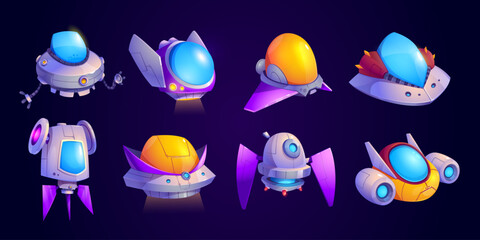 Alien spaceship cartoon game vector icon set. Ufo shuttle cute fantasy illustration. Colorful space ship ui asset collection. Travel transport for cosmos flight. Futuristic scifi galaxy vehicle