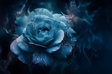 illustration, beautiful exotic blue rose, ai generative