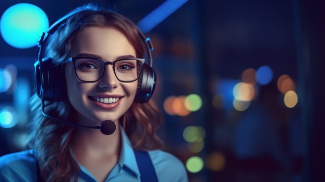A young woman, a call center worker with headphones, serves customers. Night operator. AI generation