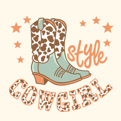 Cowgirl boots style vector illustration. Vector printable cowboy boots with cow pattern and stars decoration for design. Cowboy text background