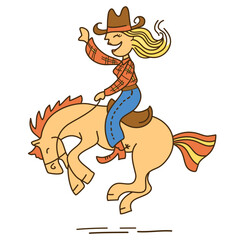 Cowgirl horse rider cartoon colored vector illustration isolated on white. Vector funny cowgirl riding wild horse. 