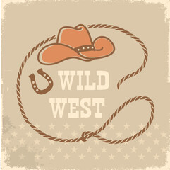 Rope frame with cowboy hat and lasso. Vector wild west illustration isolated on white foe design.