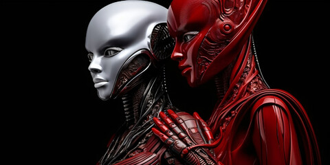 Fototapeta na wymiar advanced artificial intelligence for the future, red and white cyborg twins with a sculpture mask, fictional persons created with generative ai