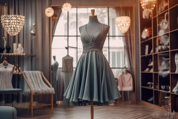 Elegant woman's wedding dress in the clothing store. Super photo realistic background, generative ai illustration