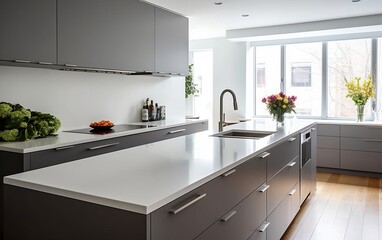 Fototapeta na wymiar A cutting-edge kitchen with seamless white counter. AI generated