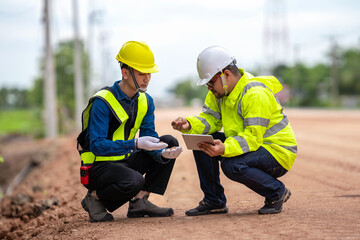 Asian engineer and foreman, checking road surface quality, holding tablet to inspect work, to...