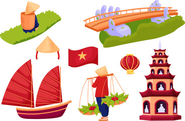 Traditional symbols of Vietnam 
 in cartoon style. Vietnamese flag, traditional hat, paper lantern, Halong Bay, ship, bridge, girl with food in traditional attire. Travel in Vietnam.