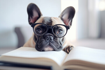 Smart French Bulldog dog with reading glasses and book. Generative AI illustration