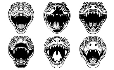 Set of snake heads with open mouth and bared fangs, with angry expressions of the muzzle. Symbols for tattoo, emblem or logo, isolated on a white background.
