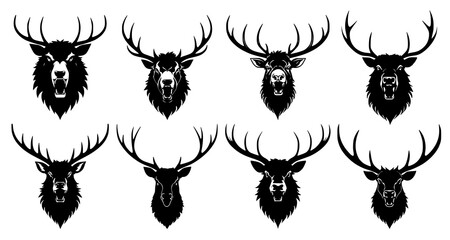 Set of deer heads with open mouth and bared fangs, with different angry expressions of the muzzle. Symbols for tattoo, emblem or logo, isolated on a white background.