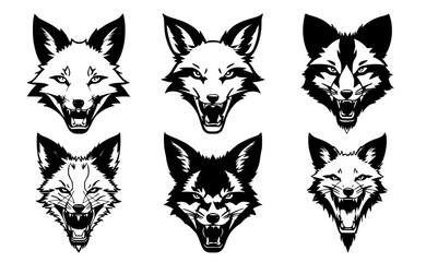 Set of fox heads with open mouth and bared fangs, with different angry expressions of the muzzle. Symbols for tattoo, emblem or logo, isolated on a white background.