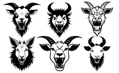Set of goat heads with open mouth and bared fangs, with different angry expressions of the muzzle. Symbols for tattoo, emblem or logo, isolated on a white background.