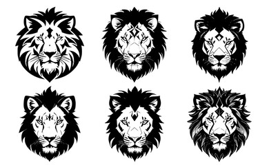 Set of lion heads with closed mouth, with different calm expressions of the muzzle. Symbols for tattoo, emblem or logo, isolated on a white background.