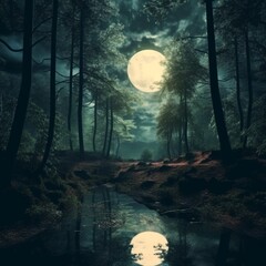 A forest in night with full moon  Generative AI