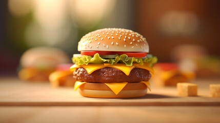 Cute cartoon cheeseburger, Burger bun patty lettuce and tomato, Fast food hamburger scene, Generative AI