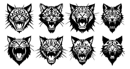Set of cat heads with open mouth and bared fangs, with different angry expressions of the muzzle. Symbols for tattoo, emblem or logo, isolated on a white background. © Aleksei Solovev