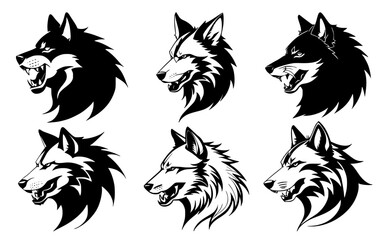 Set of wolf heads with open mouth and bared fangs, with different angry expressions of the muzzle. Symbols for tattoo, emblem or logo, isolated on a white background.