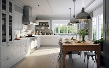 An elegant and stylish kitchen and wooden table in white colors. AI generated.