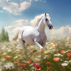Obraz na płótnie Canvas white horse running in a flowers field at sunny day Generative AI