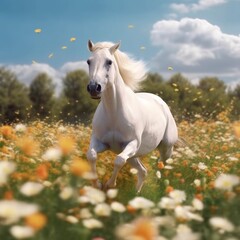 Naklejka na ściany i meble white horse running in a flowers field at sunny day Generative AI