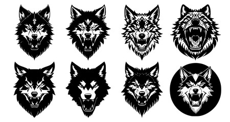 Set of wolf heads with open mouth and bared fangs, with different angry expressions of the muzzle. Symbols for tattoo, emblem or logo, isolated on a white background.