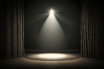 Spotlight in dark room with curtains and floor