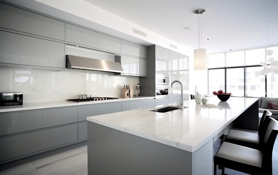 An elegant and stylish kitchen with marble counter in white colors. AI generated