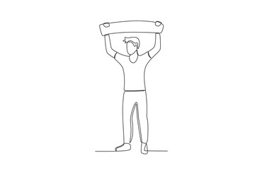 A male supporter lifts the football team's banner. Football supporter one-line drawing