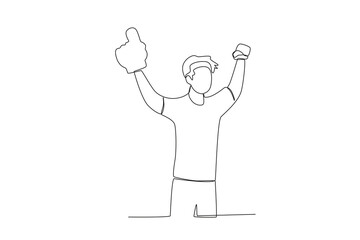 A happy supporter raised his hand. Football supporter one-line drawing