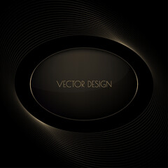 Vector abstract black premium background with golden oval frame. Modern luxurious elegant backdrop in dark color for exclusive posters, banners, invitations, business cards.