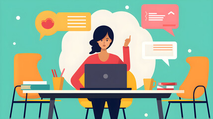 illustration, business, computer, work, technology, internet, freelance, woman, office, concept, job, flat, workplace, female, online, laptop, person, character, student, communication, freelancer