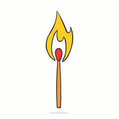 Burning match with bright flame hand drawn. Vector illustration of matchstick in cartoon style.