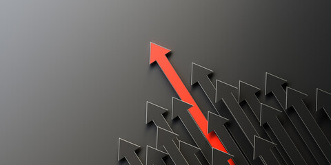 Leadership and growth concept, red arrow standing out from the crowd of black arrows, on black background with empty copy space on left side. 3D Rendering