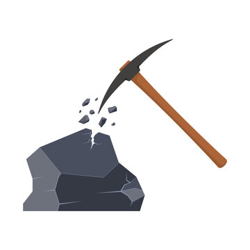 Vector icon of a pickaxe and a cracked stone in a flat style. The concept of mining.