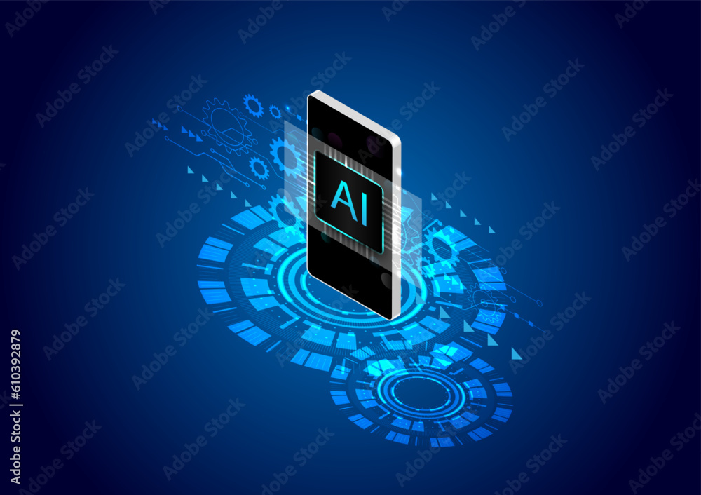 Poster ai chipset on smartphone with circuit arrow and gear. chat with ai. artificial intelligence processi