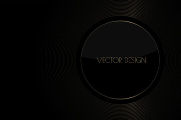 Vector abstract black premium background with golden circle frame. Modern luxurious elegant backdrop in dark color and glass effect for exclusive posters, banners, invitations, business cards.
