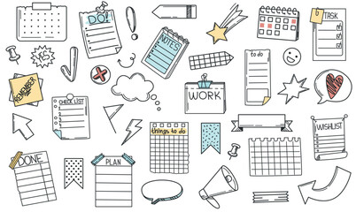 Doodle hand drawing set of memo paper sheets, wishlist, to do list, sticky note, reminder, checklist and task list. speech bubbles and paper notes of various types isolated on white background.