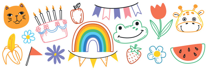 Cute hand drawn doodle vector set. Colorful collection of happy animal faces, fruits, scribble, flowers, rainbow and birthday elements. Design objects for decoration or prints.