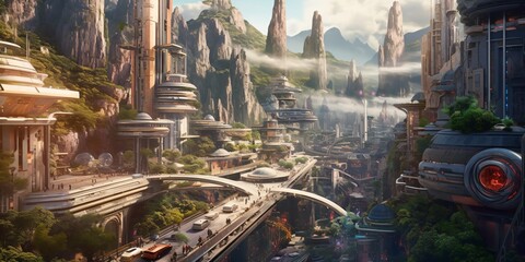 green eco city concept in the mountains, futuristic high-tech city with advanced infrastructure, science fiction cityscape, fictional landscape created with generative ai © CROCOTHERY
