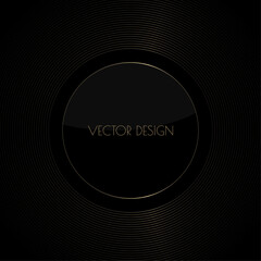 Vector abstract black premium background with golden circle frame. Modern luxurious elegant backdrop in dark color and glass effect for exclusive posters, banners, invitations, business cards.