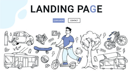 Doodle urban eco transport landing page. Young man on scooter hand drawing vector Illustration. Electric car, bicycle, skateboard, roller skates, monowheel, public bus and tram sketch set.