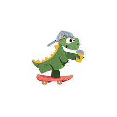 Cute skater dinosaur vector illustration. Adorable hand drawn kids dinosaur characters on a skateboard. Illustration for nursery design, poster, greeting, birthday card,baby shower and party. 