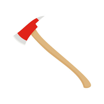 Fire axe vector icon with long ax handle. Hatchet in flat style on white background.