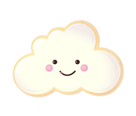 Cute cookie with a painted smiling cloud on a white background
