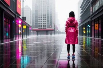 A girl standing on wet pavement in sneakers in rain puddle. Female in warm shoes stand in deep puddle, reflection on water. Concept of autumn weather, casual lifestyle, colorful outfit. Generative AI
